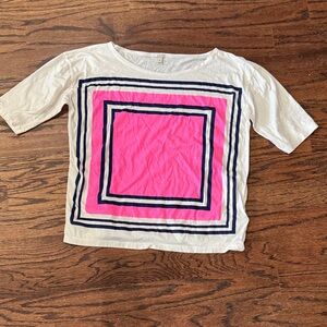 J. Crew White Short Sleeve Tee with Hot Pink & Navy Square Print